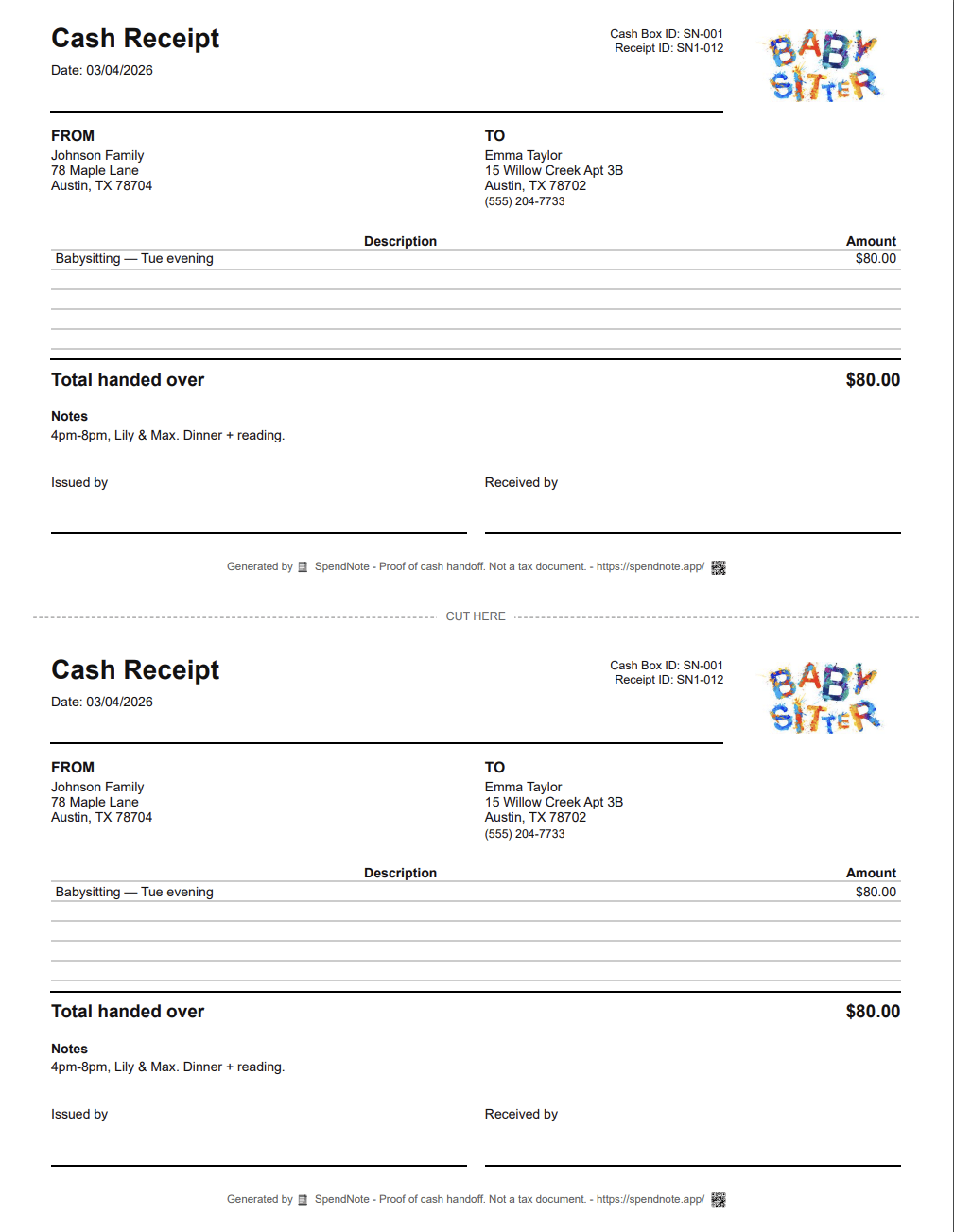 tutoring cash payment receipt example - printable two-copy format with student and session details
