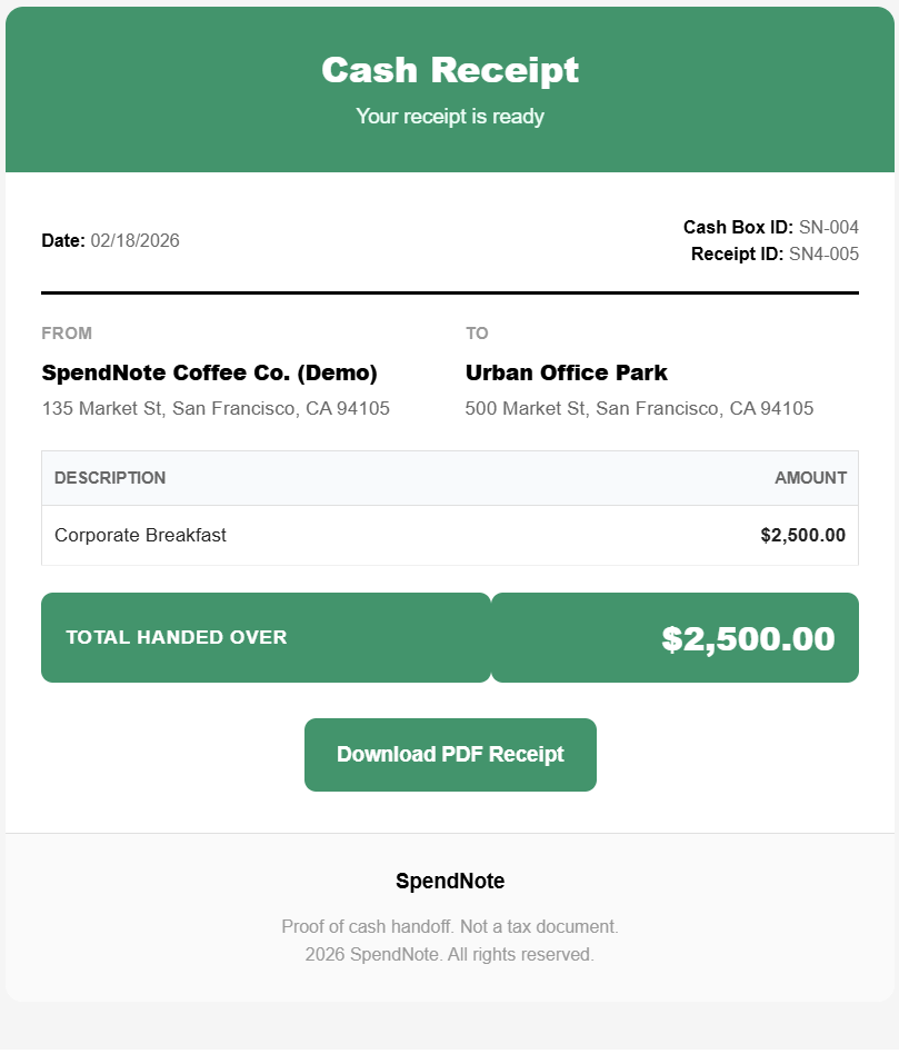 Email cash receipt example showing total handed over and PDF receipt button