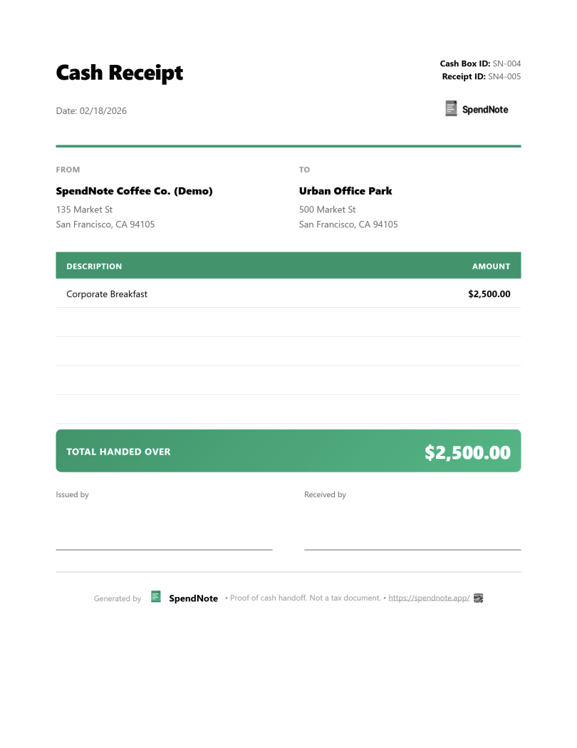 Downloadable PDF petty cash receipt example with branded totals and transaction fields