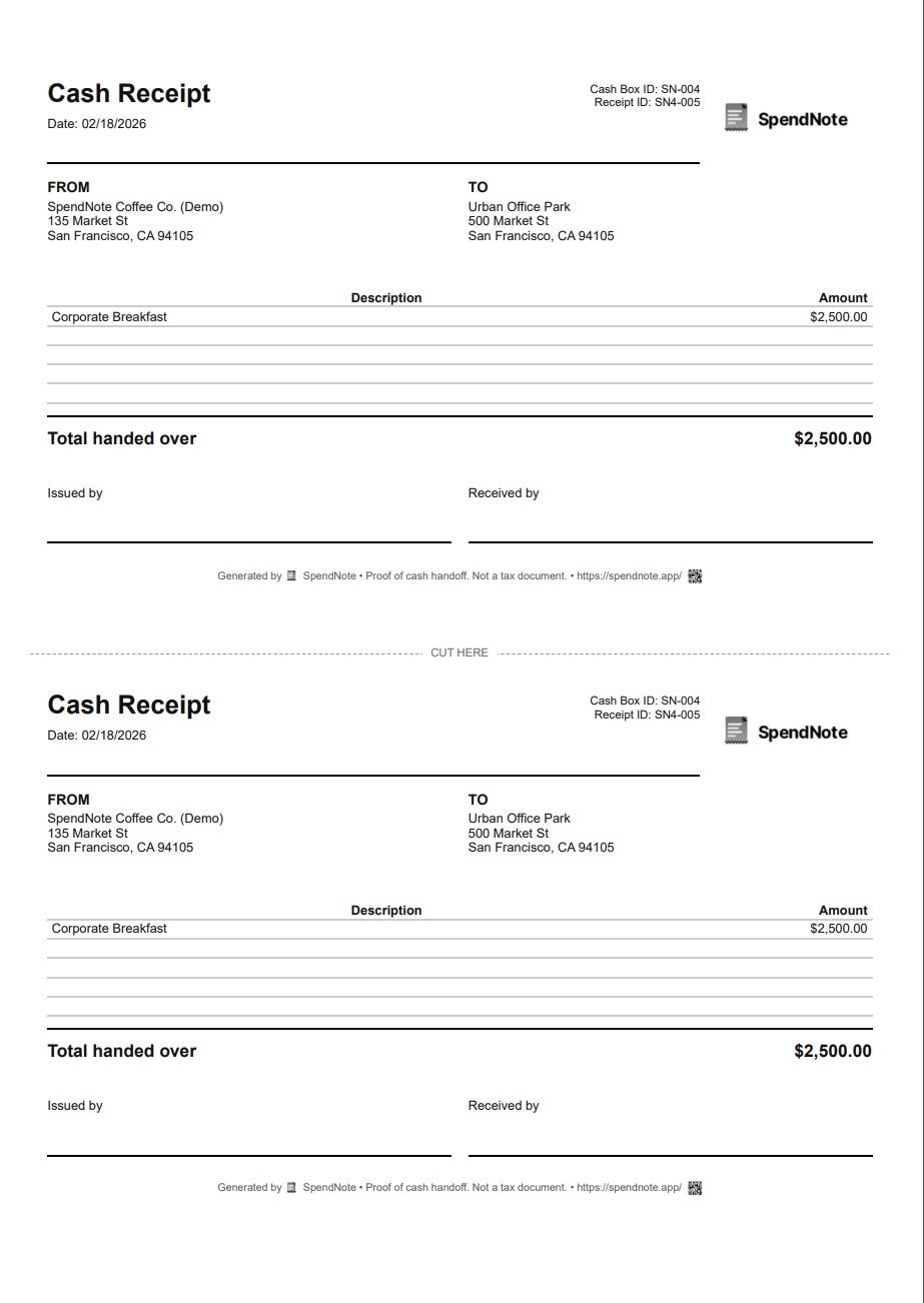 SpendNote two-copy printable cash receipt — auto-numbered, ready to sign