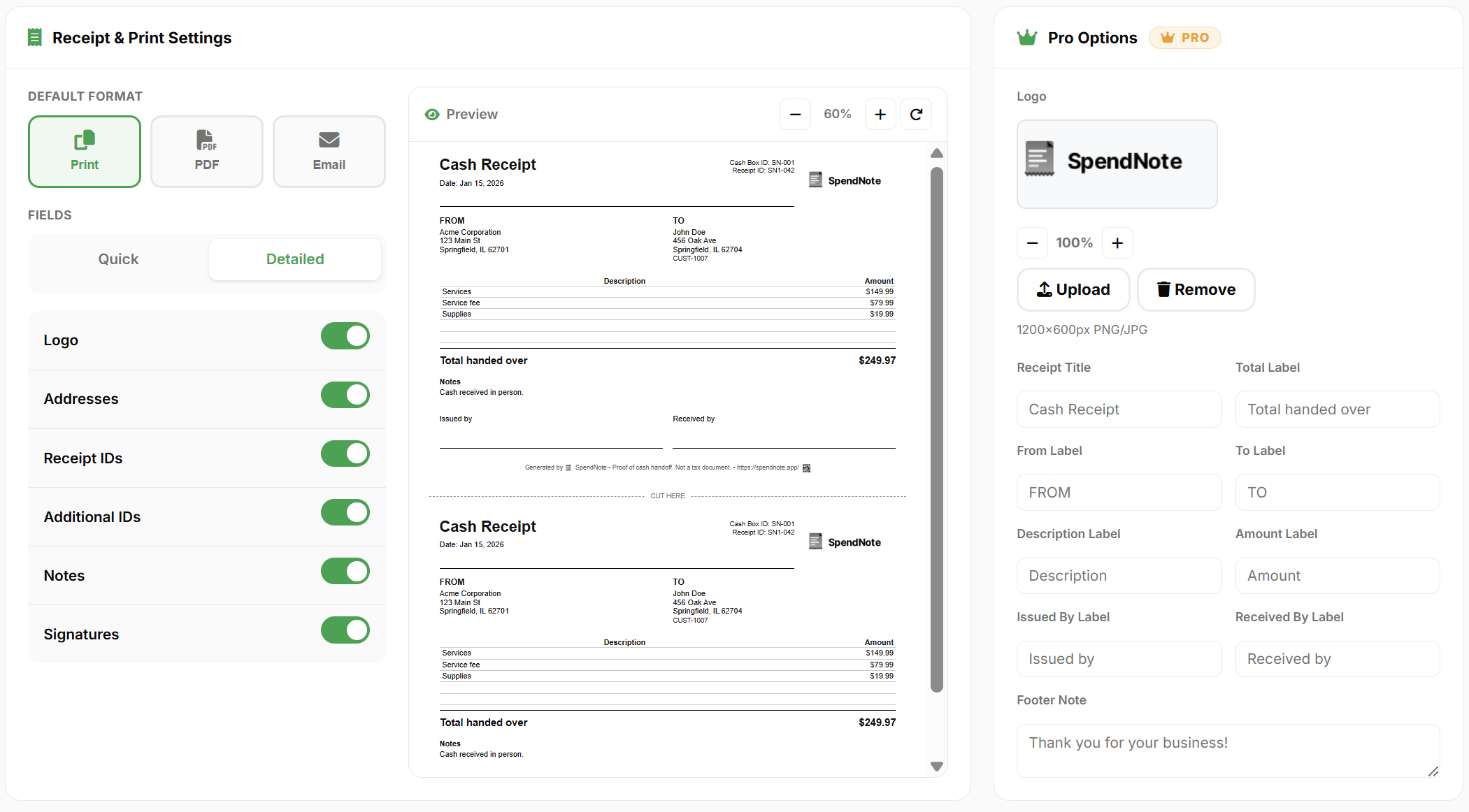 Receipt and print settings screen with print, PDF, email format options and customizable fields