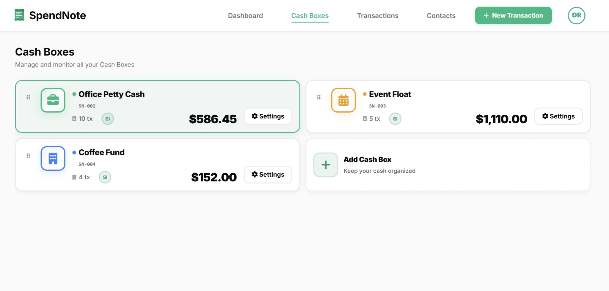 Multiple petty cash funds with separate balances in SpendNote