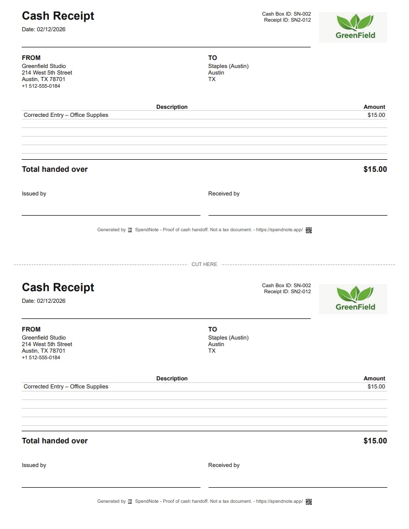 Printable petty cash voucher style receipt used as proof of cash handoff