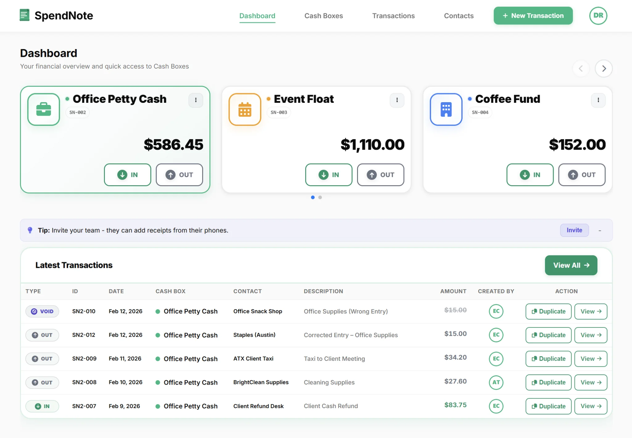 SpendNote dashboard showing multiple cash box balances — remote petty cash monitoring from any device