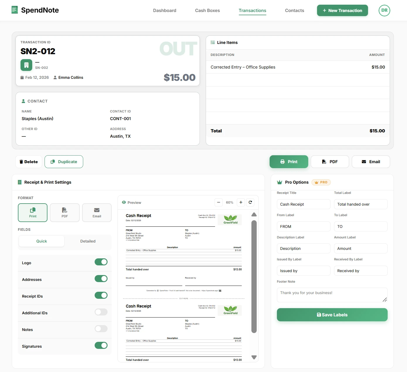 SpendNote transaction detail — remotely review receipt, timestamp, and user for any cash transaction